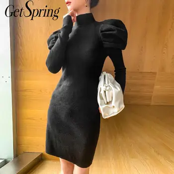 

GetSpring Women Dress Turtleneck Sweater Dress Puff Sleeve Vintage Dress Temperament Knitted Dresses Slim Tin Autumn Winter