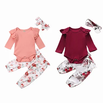 

Baby Girls Clothing Set Cotton 3pcs Floral Headband + Romper + Pants For Casual Outfits Newborn Newborn Casual Outfits 1 2T