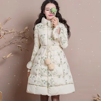 

Winter Coat Women Warm Thicken Lace Embroidered Down Jacket Female Slim Elegant Vintage White Duck Down Coat Women Long Coats