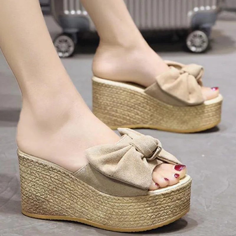 

Summer Women Wedge Slippers Suede Appliques Bow Platform Shoes Ladies Slip-on Open toe Fashion Korean Thick Bottom Slippers