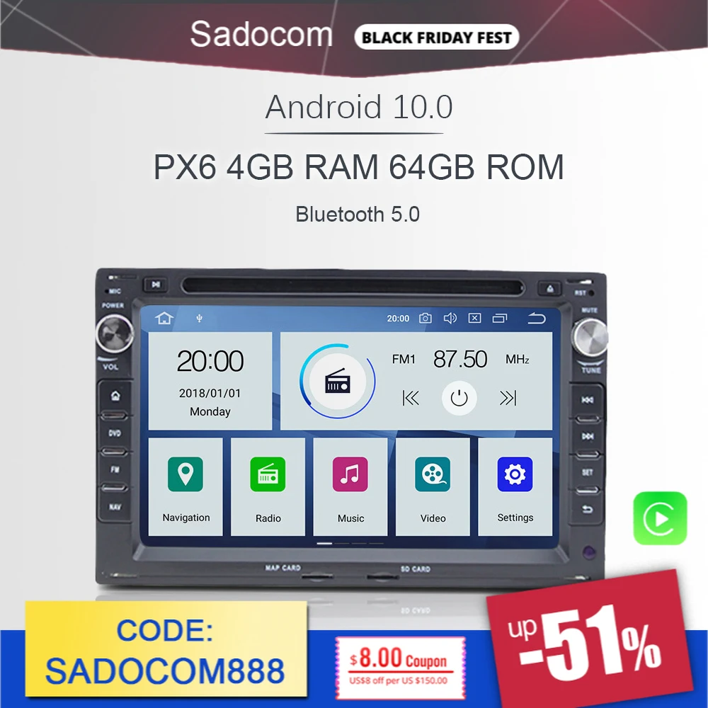 Автомагнитола PX6 2 din Android 10 0 IPS 6 ядер 4 + 64 ГБ RDS 1997 2009|Мультимедиаплеер для авто| |