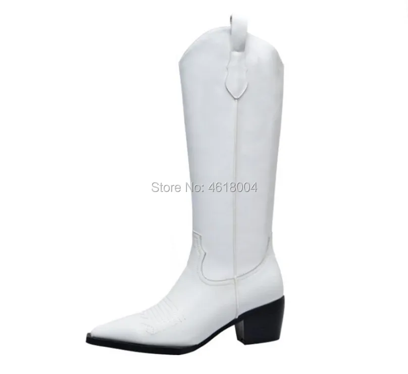 KALMALL Zapatos de Mujer; ковбойские сапоги до колена; обувь в западном стиле; женские высокие сапоги с острым носком на не сужающемся книзу массивном каблуке; Botas Mujer