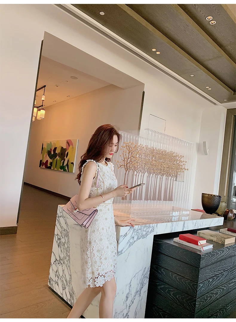 Women Lace Embroidery Dresses For Party 2021 Women'S Summer New Temperament Slim Round Neck High Waist Fashion Dress Office Lady