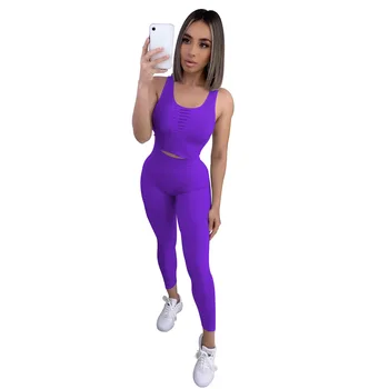 

Sleeveless Hallow Hole Breathable Two Piece Set Women Sweat Suit Sets Summer Sport Bodycon Solid Sweatsuits Casual Suits Women