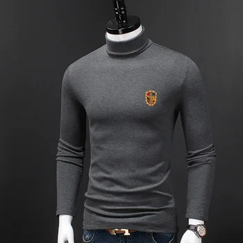 

Sleeve Bee Embroider Long T-shirt Turtleneck Warm Tshirt Fashion Stretch Cotton Modal T Shirt Autumn Winter Men Velvet Tops
