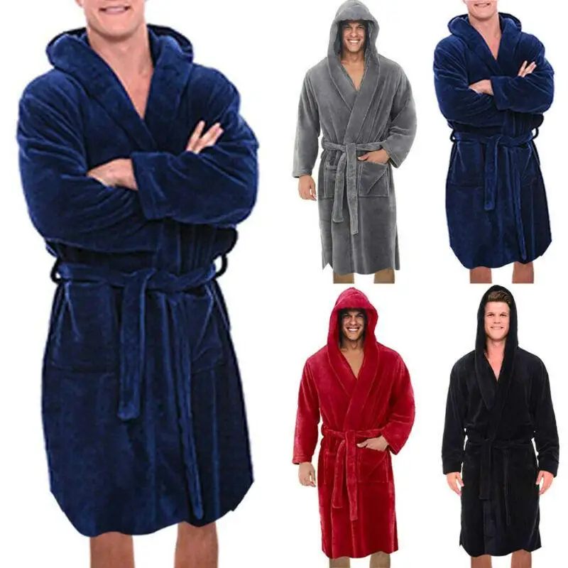 Men Solid Hooded Bathrobe Towel Soft Gown Midi Robe Lounge Wear Winter