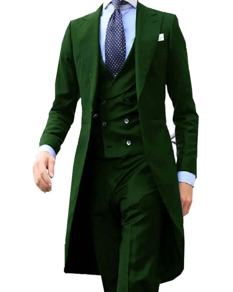 

New Arrival Custom Made Slim Fit Green Blazer Men Suits for Wedding Peak Lapel Groom Wear Man Tuxedo 3Pcs Long Jacket+Vest+Pants