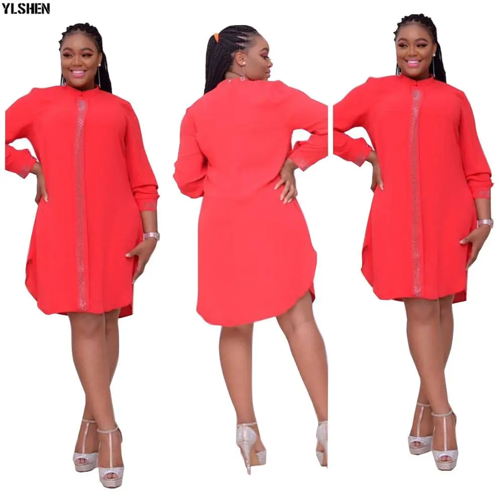 Watermelon red Plus Size African Dresses for Women Dashiki Diamond Africa Dress African Clothes Bazin Broder Riche Long Sleeve Robe Africaine - Цвет: Watermelon red