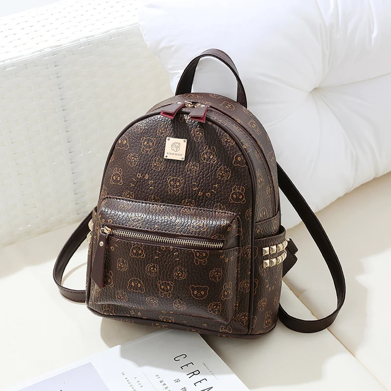 

Rivet Backpack Female Bear Print Women's Backpack Punk Style PU Leather Shoulder School Bag Bagpack For Girls