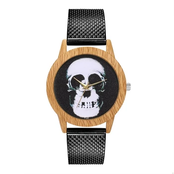 

Luxury Men's Quartz Watch Black Silicone Strap Halloween Skull Pattern Wood Imitation Alloy Dial Watches For Men Gift Boys T161