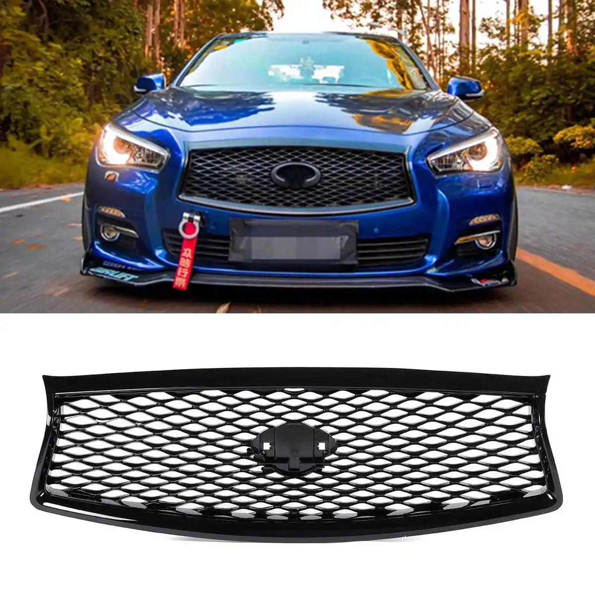 Front Black Upper Mesh Grille Fit For 2014-17 Infiniti Q50 All Model ABS