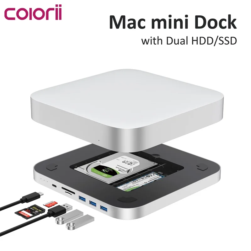 Colorii USB C Hub for Mac mini M1/M2 with HDD Enclosure 2.5 SATA NVME M.2 SSD HDD Case to USB C Gen 2 SD/TF docking station