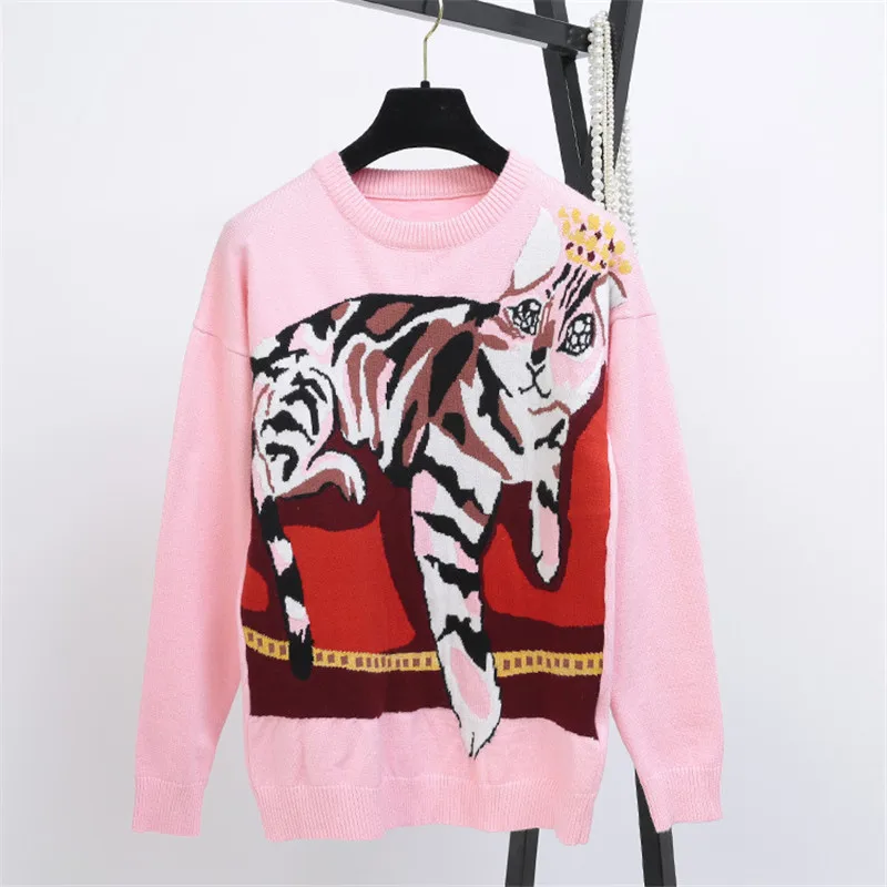 

Women Sweater Animal Color Block Cat Jacquard Jumper Lurex Jersey Runway Design Slim Long Sleeve Pullovers Knitted Top Lolita