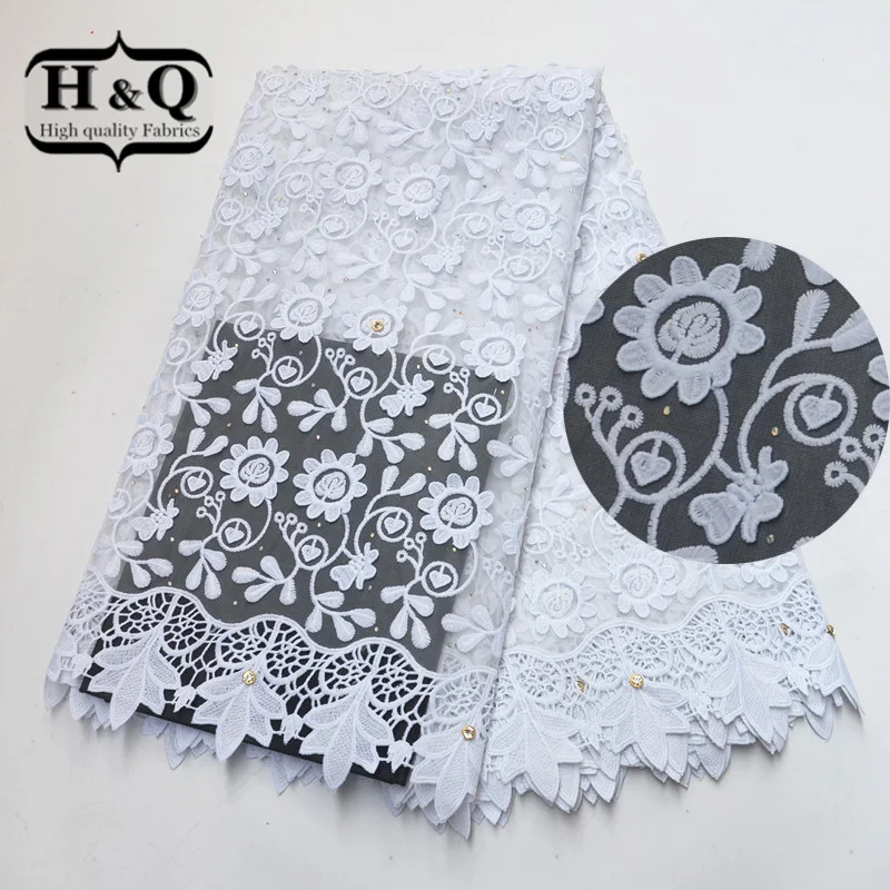 

H&Q White Color French Tulle Lace African Cord Lace Fabric with Stones and Rhinestone Embroidery Nigerian Lace Fabric For Sewing