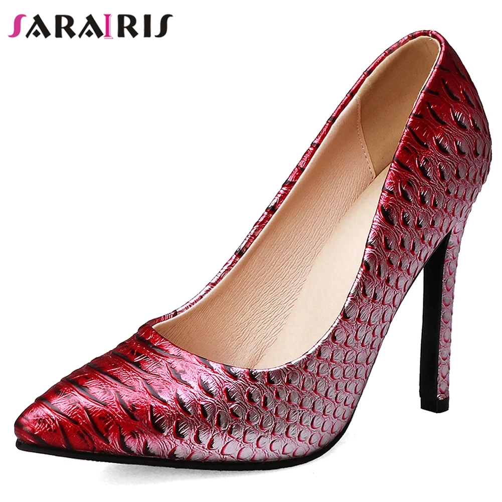 

SARAIRIS New Plus Size 33-45 Sexy Party Wedding Shallow Pumps Women Autumn mixed-color Fretwork Ladies High Heels Shoes Woman