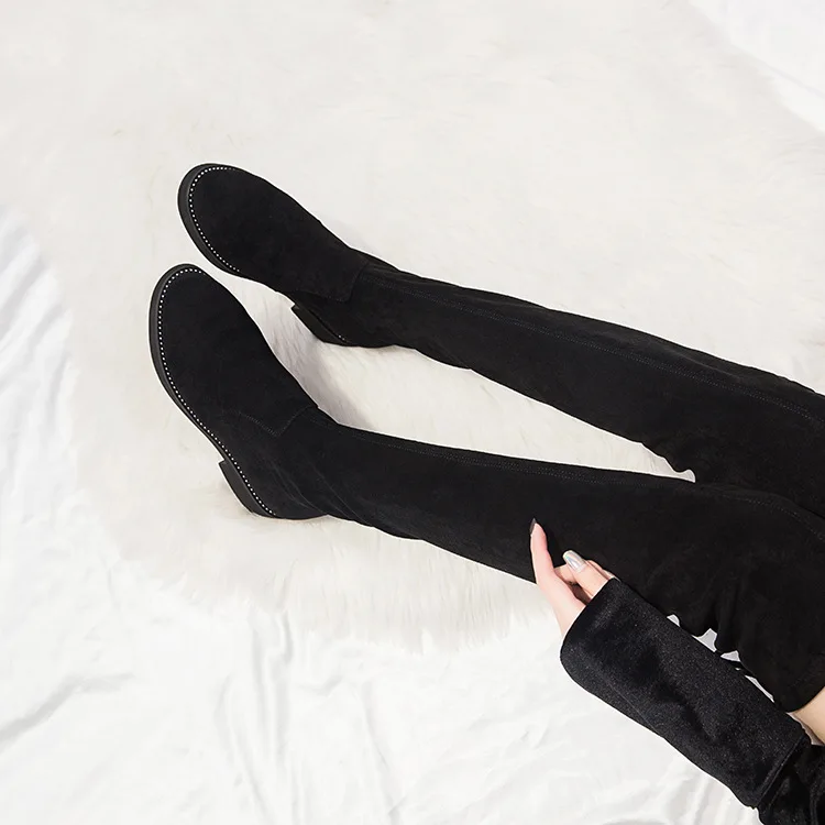 

2019 Winter New Style plus Velvet Thigh Boot Women's over-the-Knee-Slimming Elasticity Biker Boots Semi-high Heeled Boots