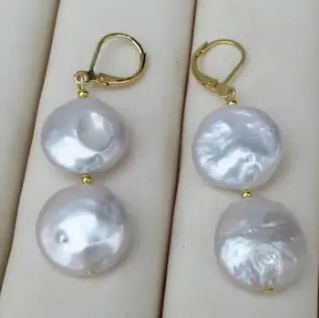 

noble jewelry GOLD PAIR OF 13-15MM south sea AAA++ WHITE COIN PEARL DANGLE BAROQUE EARRING 14k/20