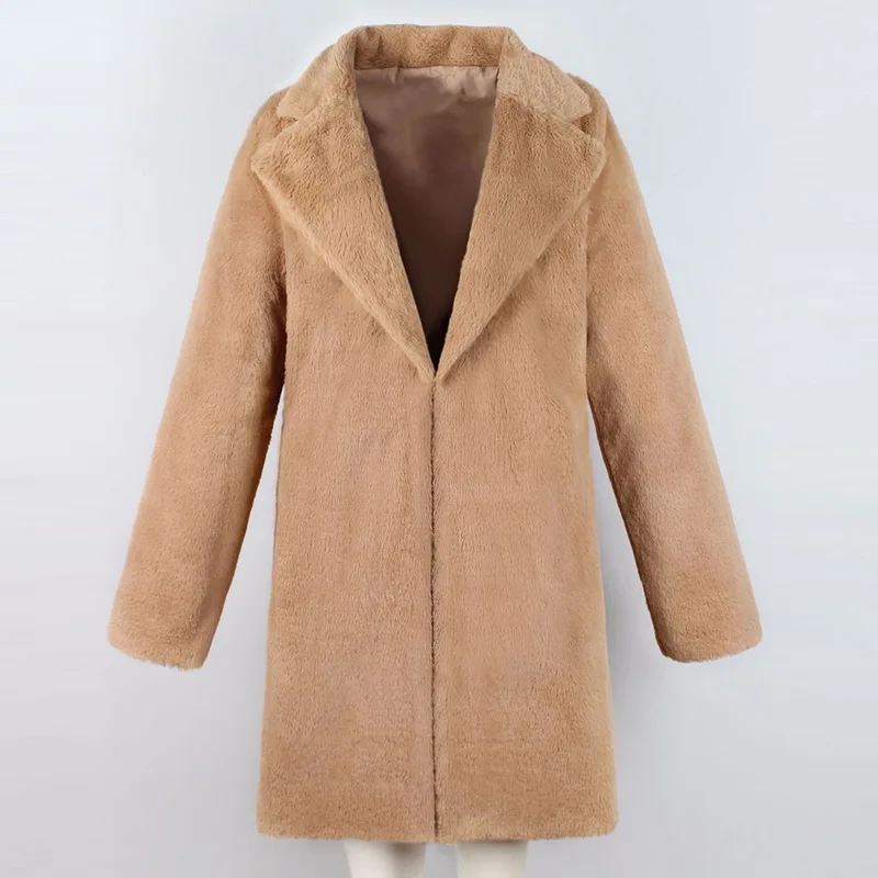 Утолщенное пальто из искусственного меха для женщин; сезон осень-зима; теплое мягкое свободное флисовое пальто из искусственного меха; Женская плюшевая Повседневная куртка средней длины с отворотами - Цвет: Light tan