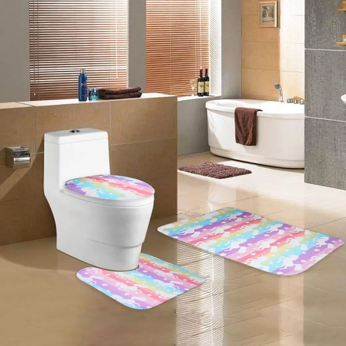 3pcs Washable Anti Slip Toilet Mat Set Bathroom Washroom Shower Floor Rug Carpet