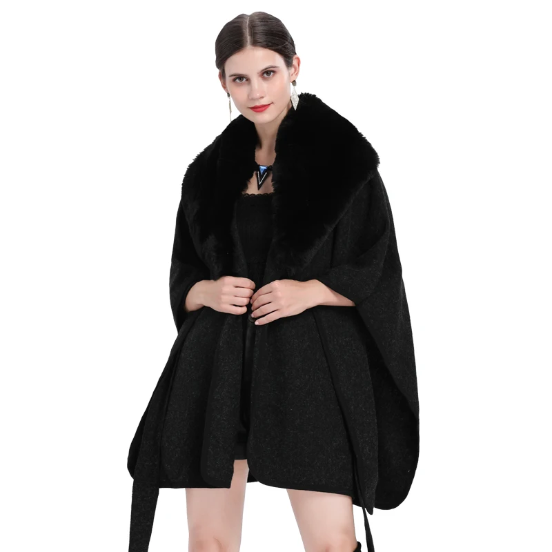 5 Colors Women Outstreet Poncho Wear Winter Thick Cardigan Big Rabbit Fur Turn-down Neck Long Cloak Front Tie Belt Loose Coat