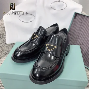 

Prova Perfetto Spring Autumn New Genuine Leather Round Toe Shoes Simple Fashionable Round Toe Slip-on Platform Black Ankle Shoes