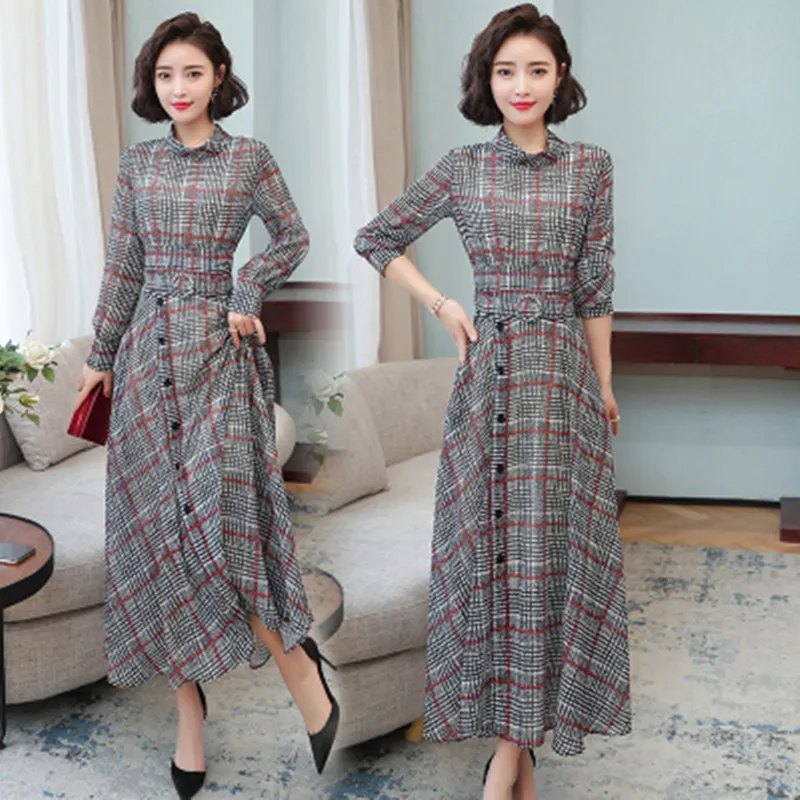 

Autumn Bohemia New Women Check Pattern Luxuriy Dress Fashion Designer High Waist Slim Lady Casual Banquet Long Dress