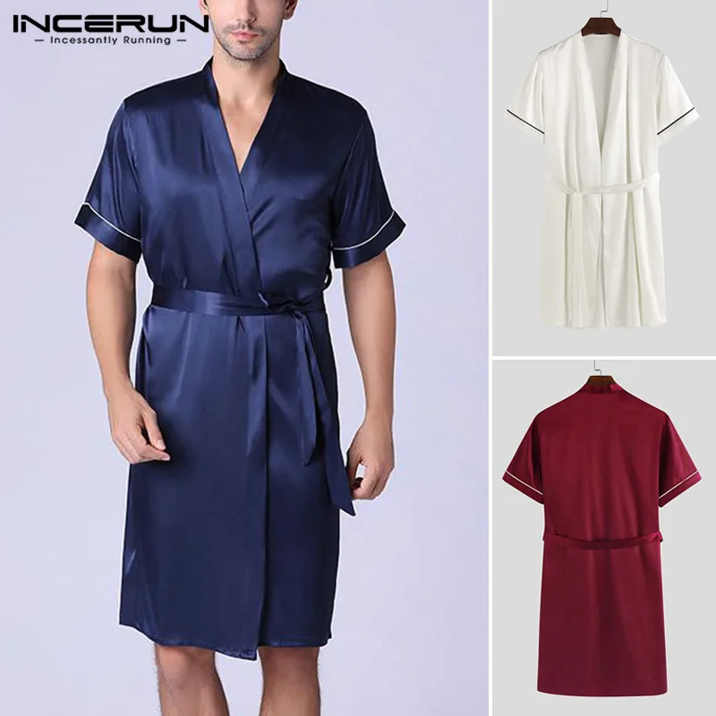 

Mens Silk Stain Pajamas Robe Man Bath Short Sleeve V-Neck Sleepwear Male Solid Color Nightgowns Silky Nightgown Set 5XL INCERUN