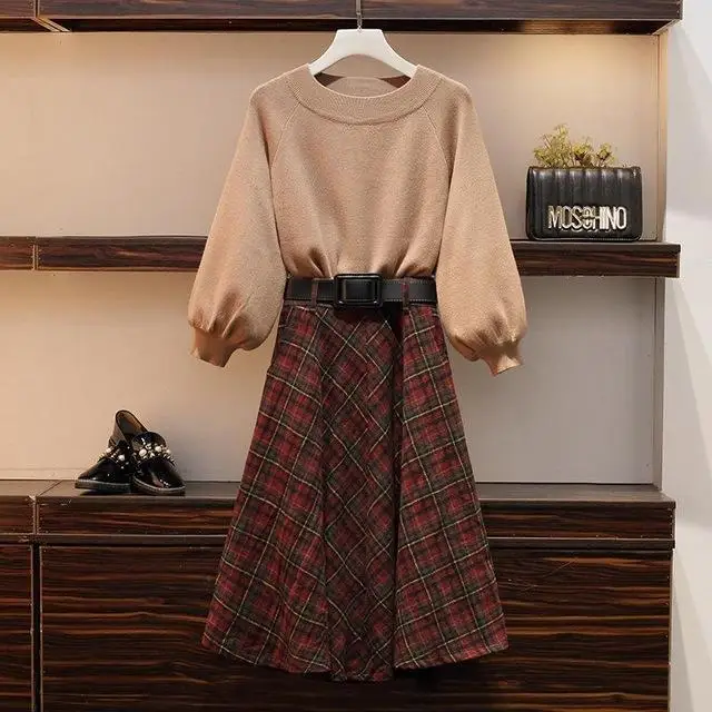 2 piece set Плюс размер, Женский комплект из 2 предметов, юбка,, осень, зима, L-4XL, 2 предмета, наряды, корейский стиль, а-силуэт, юбка+ свитер, Женский комплект из 2 предметов - Цвет: 2 piece set