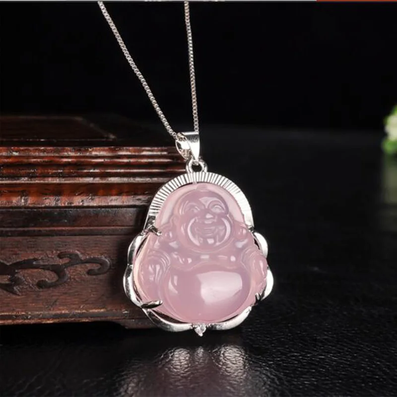 Pink Buddha Натуральный агат халцедон инкрустированный S925 Серебряный буддизм ожерелье ювелирные изделия ювелирные украшения розовый зеленый агат кулон Рождественский подарок - Цвет камня: Pink Buddha