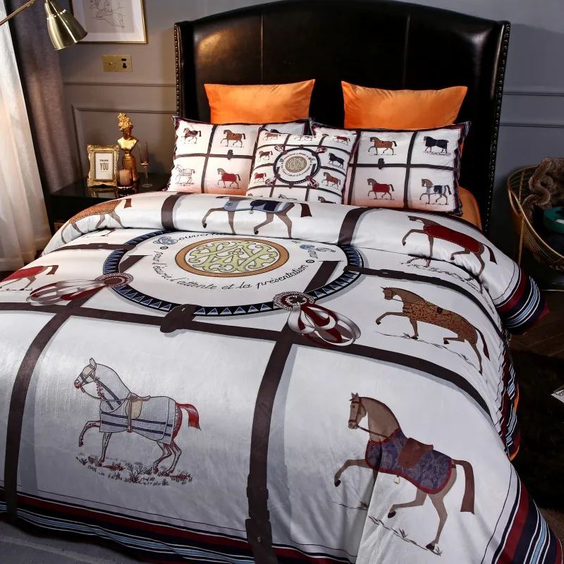4/6 шт. queen king size постельное бельё супер мягкие бархатный Хрустальный Комплект постельного белья, Комплект постельного белья Кровать лошадь льняные наволочки для подушек