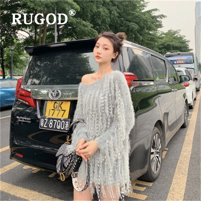 RUGOD, новинка, свитер с кисточками, женский, элегантный, длинный рукав, auturm, женская одежда, мода ins, средней длины, тонкий, вязаный, женский свитер