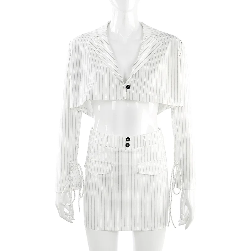 Autumn New Women Striped Two Piece Set Casual Turn-Down Collar Long Sleeve Button Blazer Crop Top Mini Skirt Suit HS7782W08