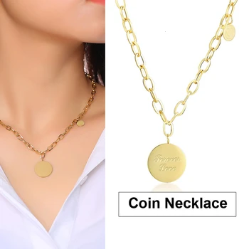 

WOMENS GOLD COIN NECKLACE ROUND PENDANT ENGRAVED FORVEVER LOVE SMALL ROUND DANGLE BOHE GIFTS