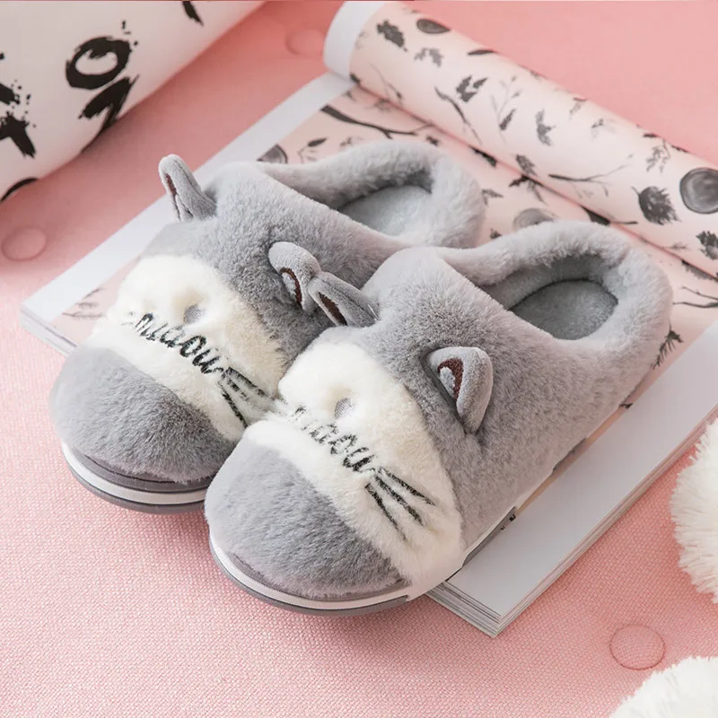 Женская зимняя обувь; большие размеры 43-45; милые домашние тапочки из флока с рисунком кота; женские теплые плюшевые домашние тапочки из термопластичной резины для девочек - Цвет: Gray