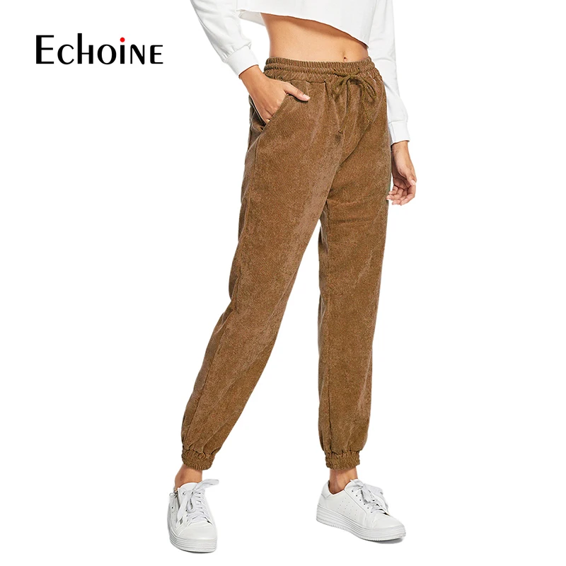 Брюки женские вельветовые на шнуровке повседневные теплые свободные штаны с