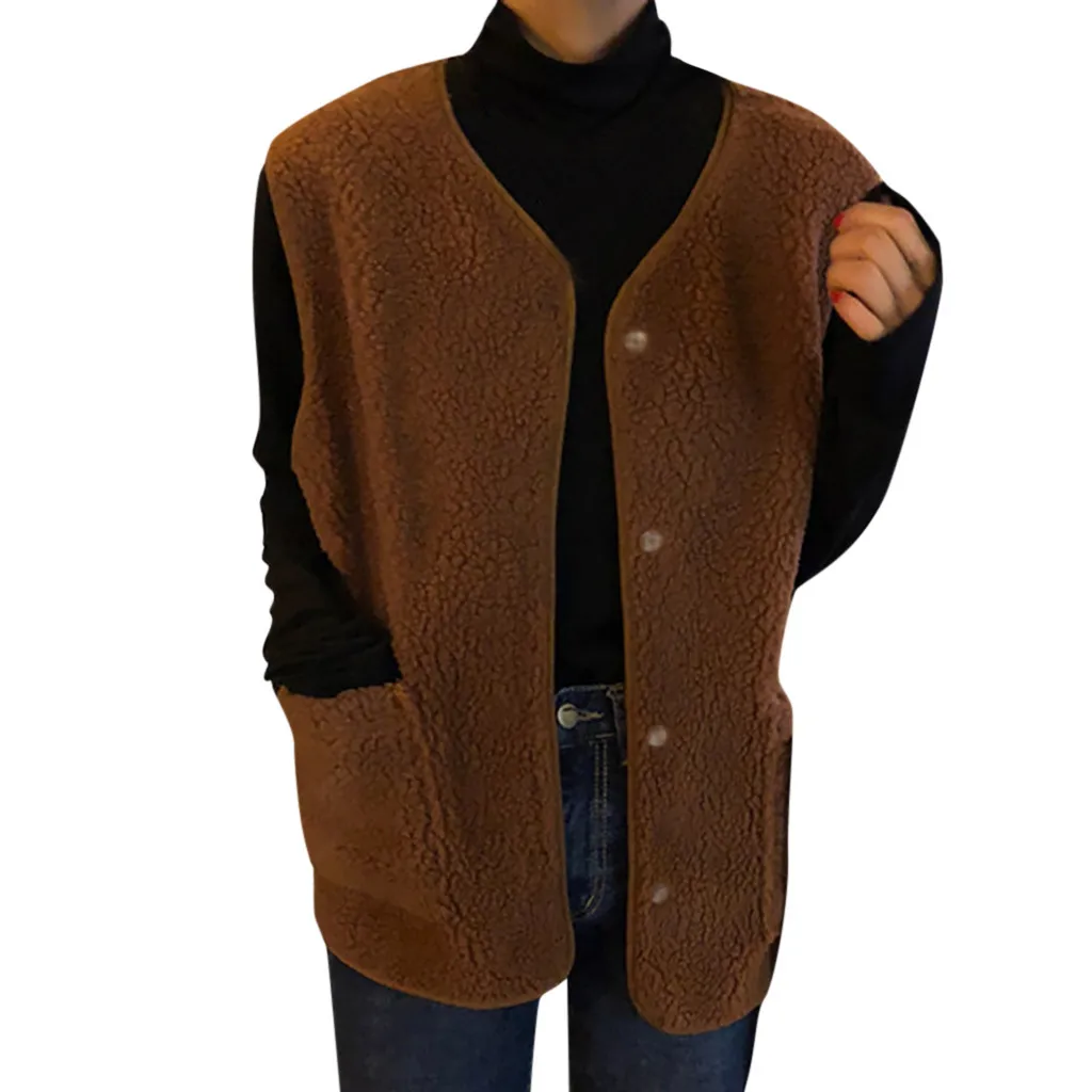 CHAMSGEND Plush Vest Coat Women Autumn Winter Solid Color Buttons Pockets Overcoat Ladies Fashion Sleeveless Loose Vest - Цвет: BW