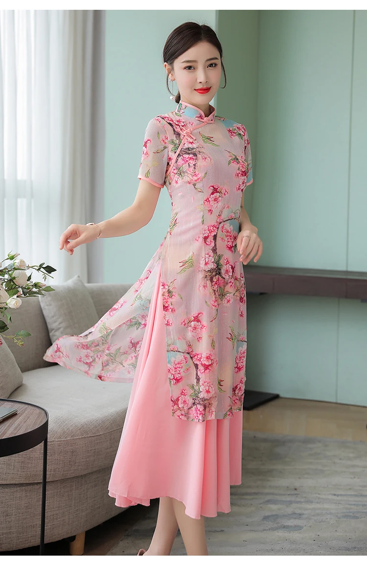 Vietnam Audrey, кружевное длинное женское платье Ципао, лето, стиль, Ретро стиль, китайский стиль, стоячий воротник, короткий рукав, платье для женщин