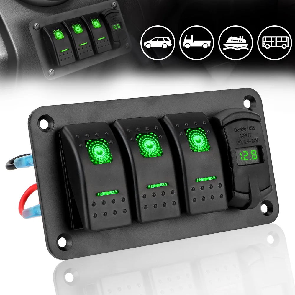 

3 Gang Switch Panel for Car SUV Marine RV Truck Digital Voltmeter Circuit Breaker 12V-24V 4.2A Dual USB Slot Charger