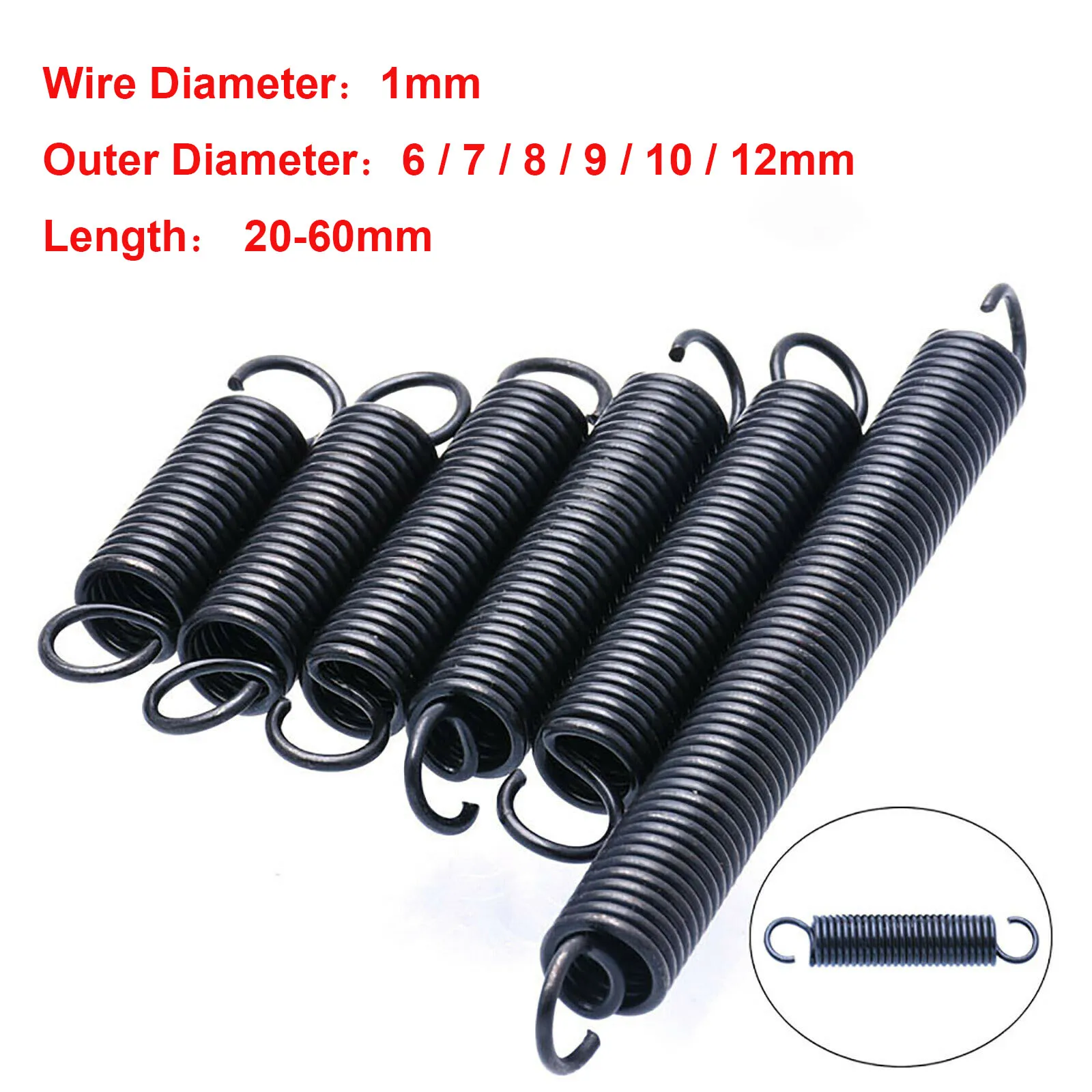 Wire Dia 1mm Extension Expansion Tension Spring OD 5~12mm Hook End Galvanized 