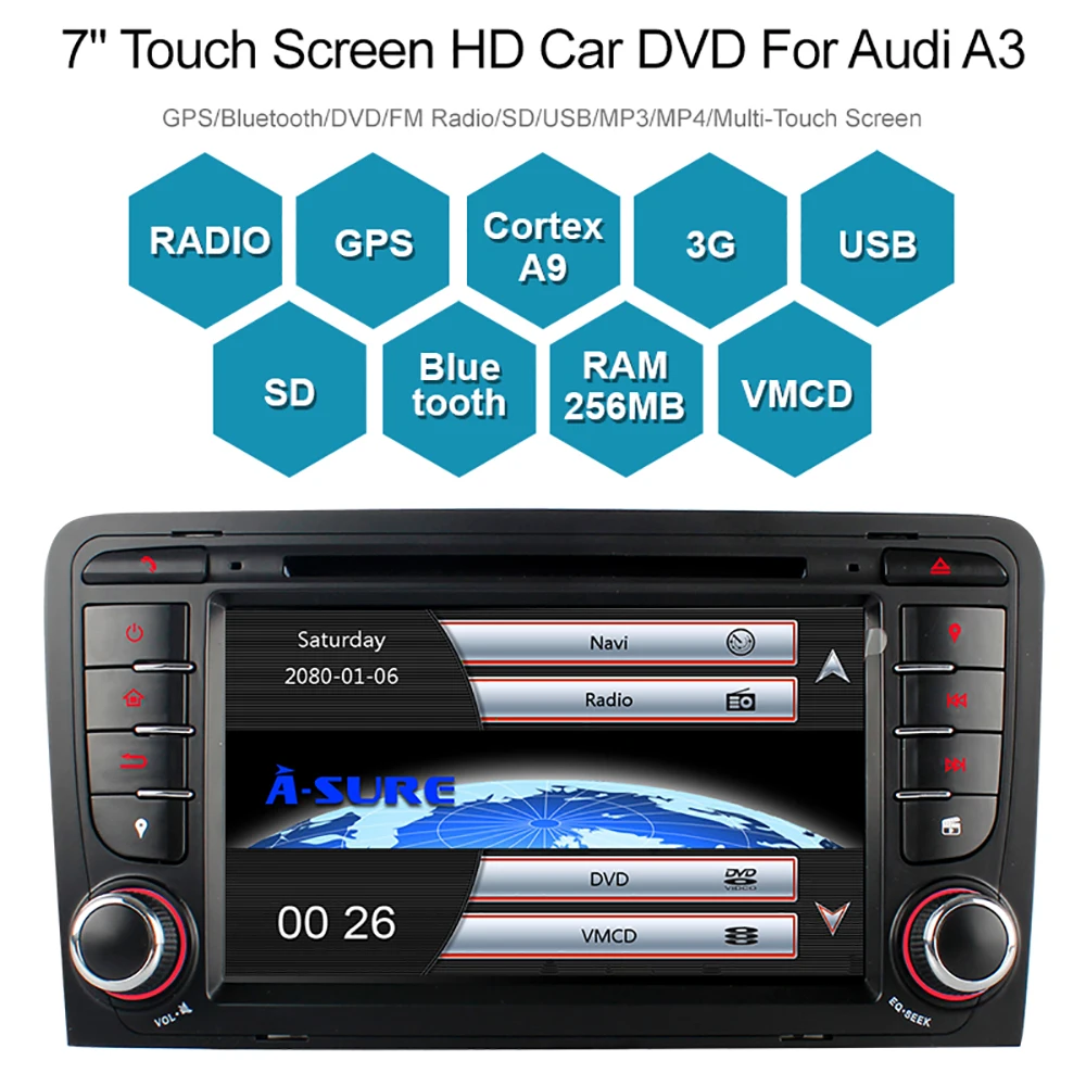 Cheap A-Sure 7 Inch 2 Din Cortex A9 Car Auto Radio Stereo DVD GPS Navigation For AUDI A3 S3 RS3 8V 8PA DAB+ 3G Bluetooth CD DVR DTV 1