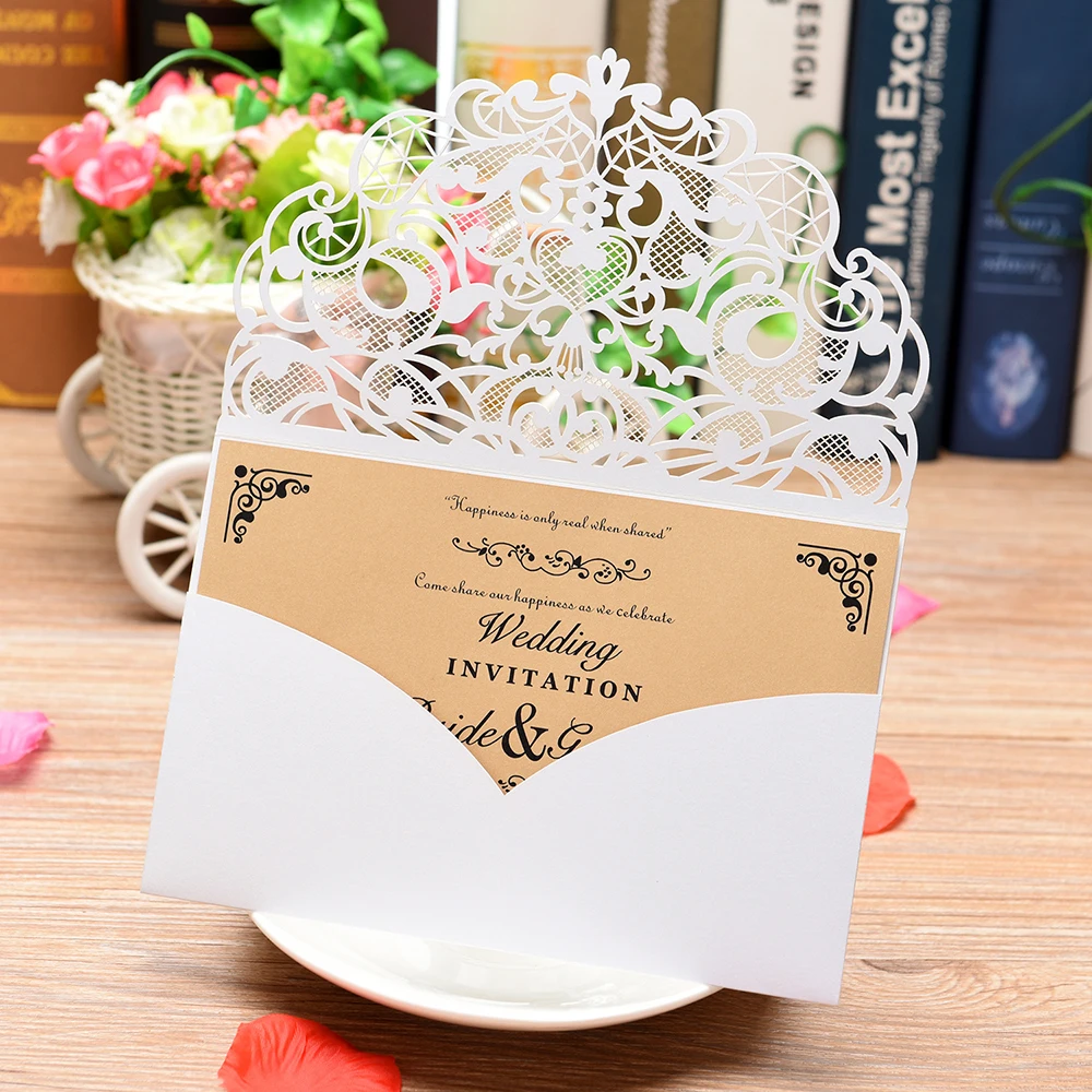  50pcs Three Colors Elegant Hollow Laser Cut Wedding Invitation Card Greeting Card Customize Busines - 4.00024E+12