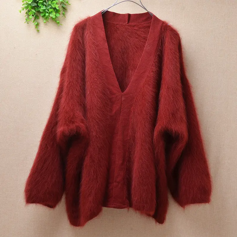 body6cm chest135cm Женский красивый теплый свитер свободный Ангорский кролик вязание шерсть глубокий v-образный вырез с длинными рукавами основной пуловер трикотажные Блузы свитер - Цвет: body6cm chest135cm
