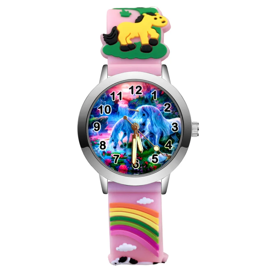 Модные детские часы с милым единорогом и лошадью, кварцевые 3D Силиконовые наручные часы для девочек, JA168