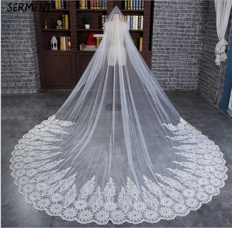 SERMENT Wedding Long Veil Cathedral Veil Two-Layer Plain Dyed 300cm Cut Edge Lace Double-layer Wedding Accessories