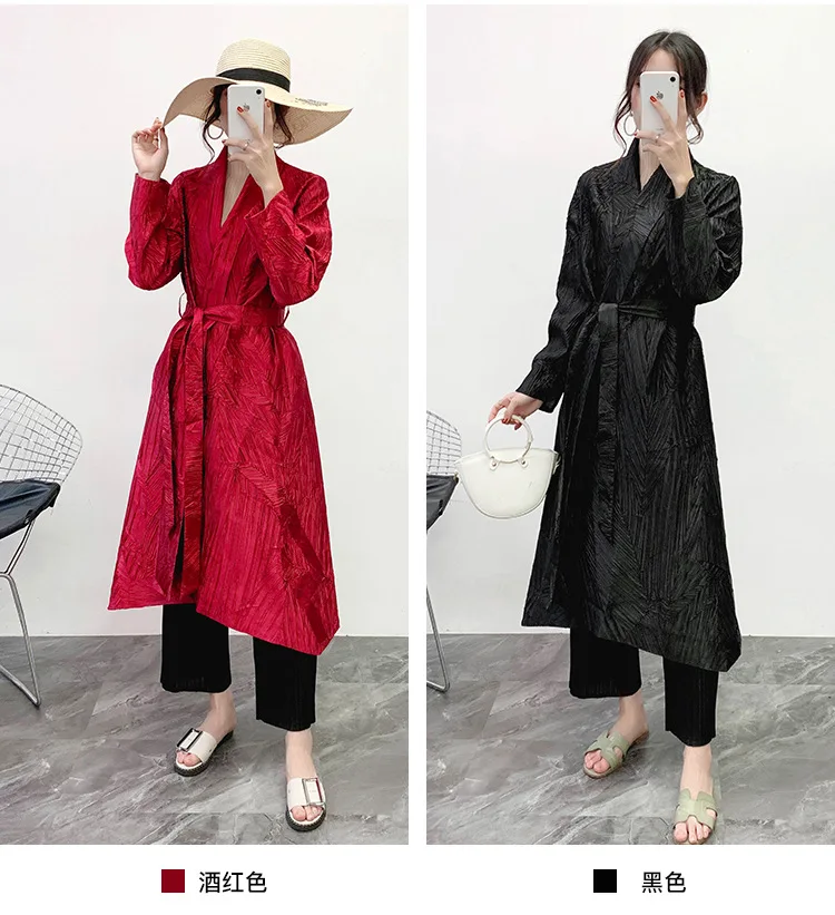 Miyake плиссированные двухсторонние тренчи женские модные повседневные свободные с отложным воротником с поясом сплошное длинное пальто зимний плащ большого размера