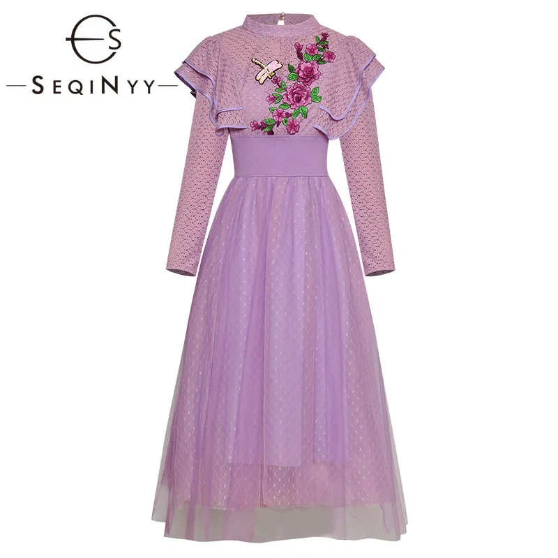 

SEQINYY Purple Dress 2020 Summer Spring New Fashion Design Women Long Sleeve Lace Crystal Dragonfly Embroidery Flower Mid Dress