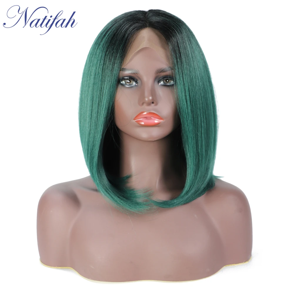 Natifah Ombre Bob Wig Short Straight Green Wig Synthetic Lace Front Wigs 150%Density Heat Resistant bobo Hairstyle Cosplay - Цвет: 2610C