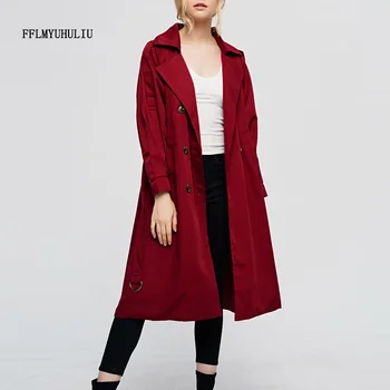 

Women's autumn lapel coat solid color long-sleeved double-row button belt decorative windbreaker office trench