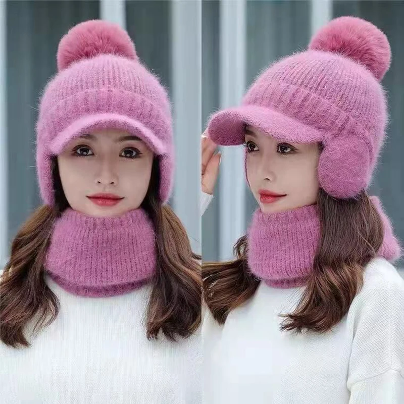 Autumn Winter Women Hat Scarf Sets Solid Color Wool Knitted Hat