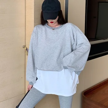 

Fall and winter were thin fake two-piece splicing polyester Top women's long-sleeved shirt hoodies sweatshirt